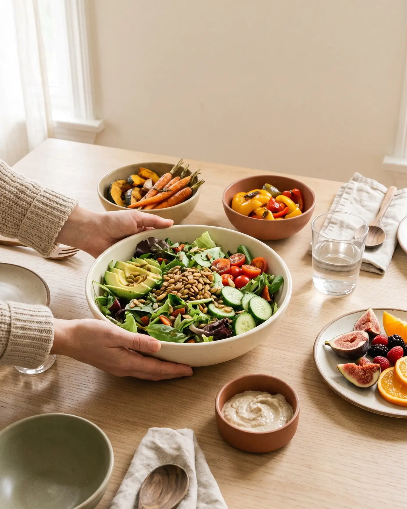 Two hands setting a bowl of green salad down on a kitchen table, beside bowls of roasted vegetables and fruit.