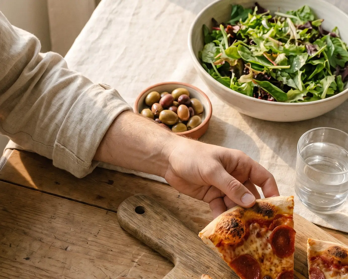 A hand lifting a slice of pepperoni pizza from a wooden board, with a large bowl of green salad and a glass of water beside it on a kitchen table.