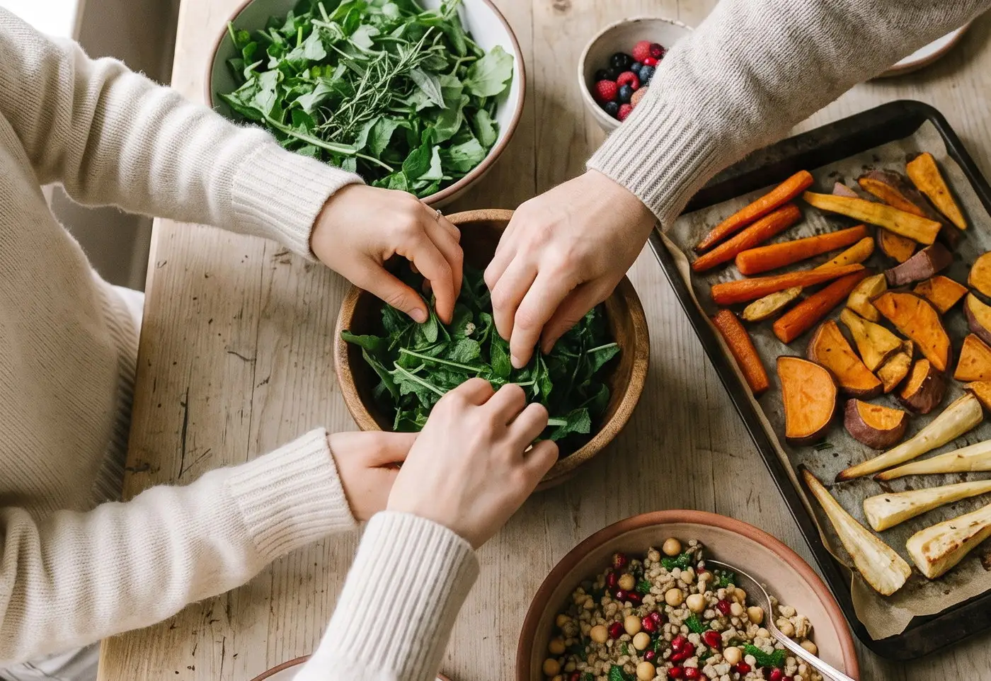 Three people reaching in together to serve themselves from a shared table of salad, roasted vegetables, a grain bowl, oranges and berries.
